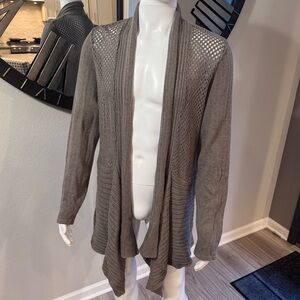 Cotton and Angora Taupe Gray Open-Front Draped Long Cardigan